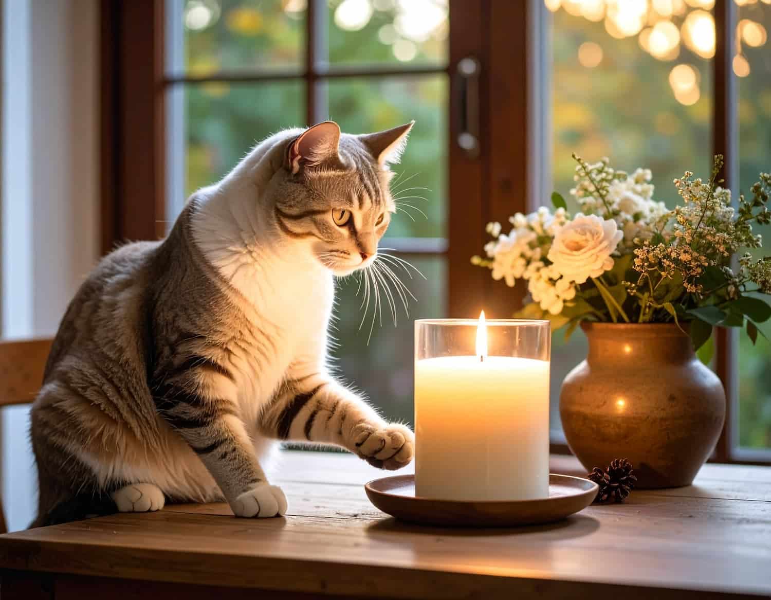 A tabby cat sits on a wooden table, reaching toward a lit candle in a glass holder, with a vase of flowers in the background near a window.