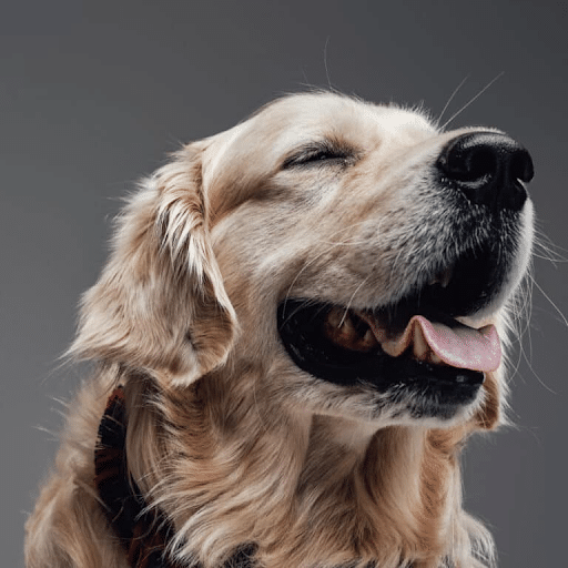A golden retriever with closed eyes and mouth slightly open, appearing content and relaxed, against a plain gray background.